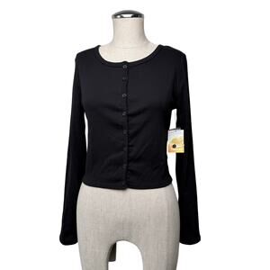 Sugar Moon Knit Cardigan Black Cotton Stretch Classic Button Front Basic Sz M